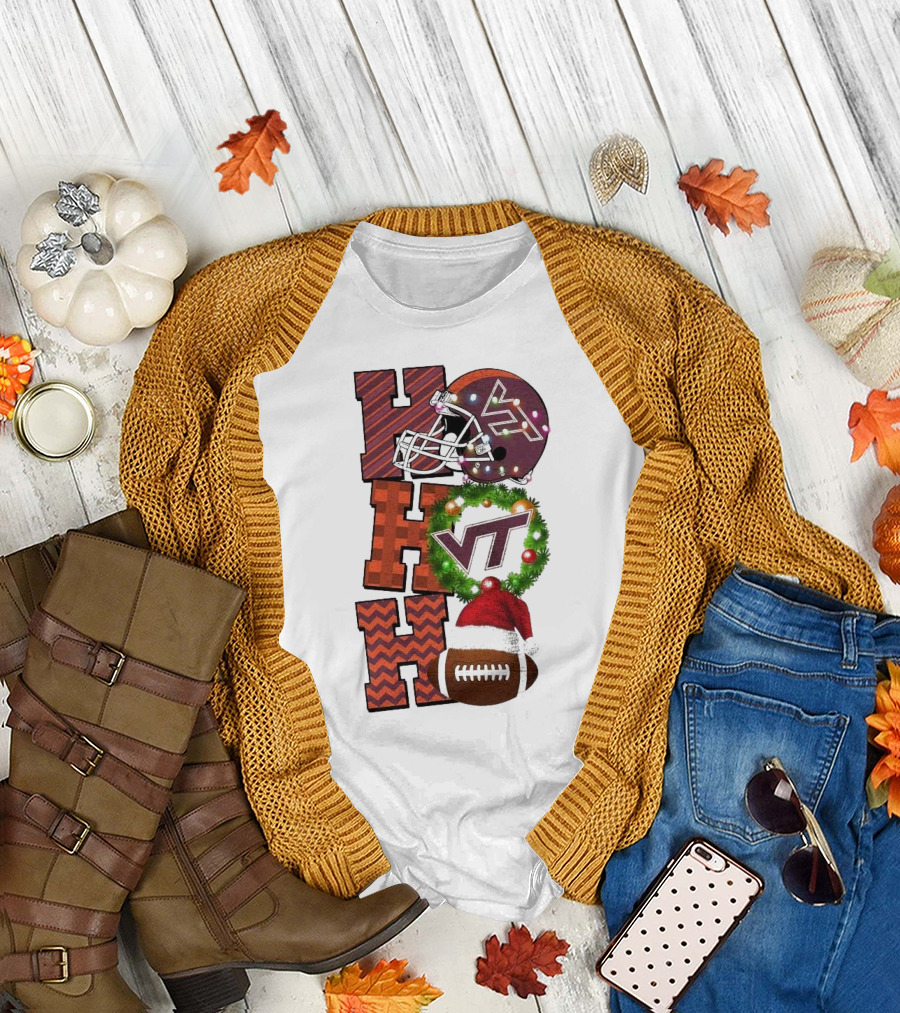Virginia Tech Hokies Football Christmas Ho Ho Ho VT Helmet Wreath Game Day T-Shirt