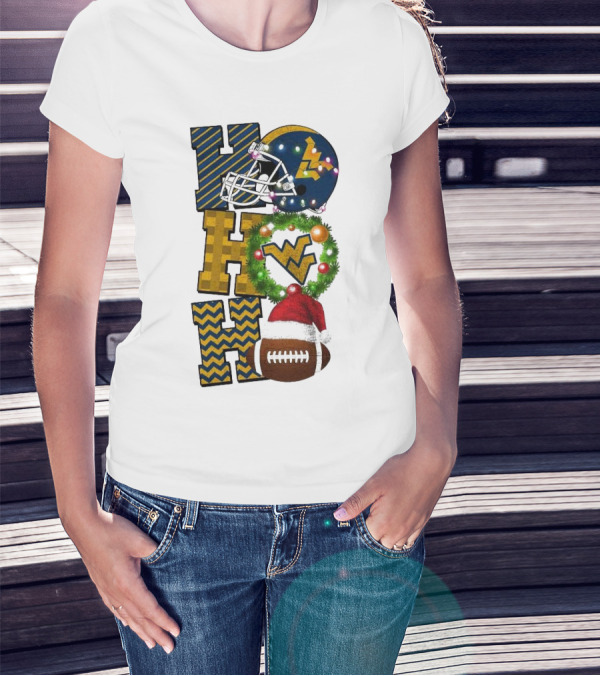 West Virginia Mountaineers Football Christmas Ho Ho Ho Helmet Wreath Santa Hat Game Day T-Shirt