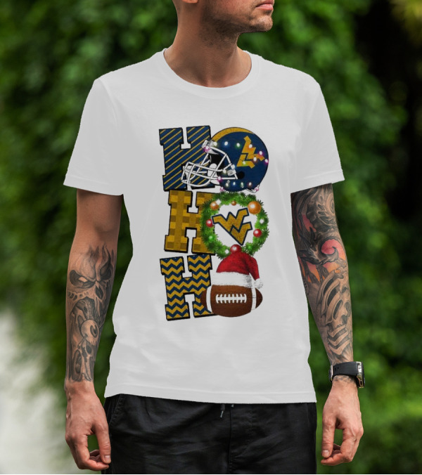 West Virginia Mountaineers Football Christmas Ho Ho Ho Helmet Wreath Santa Hat Game Day T-Shirt
