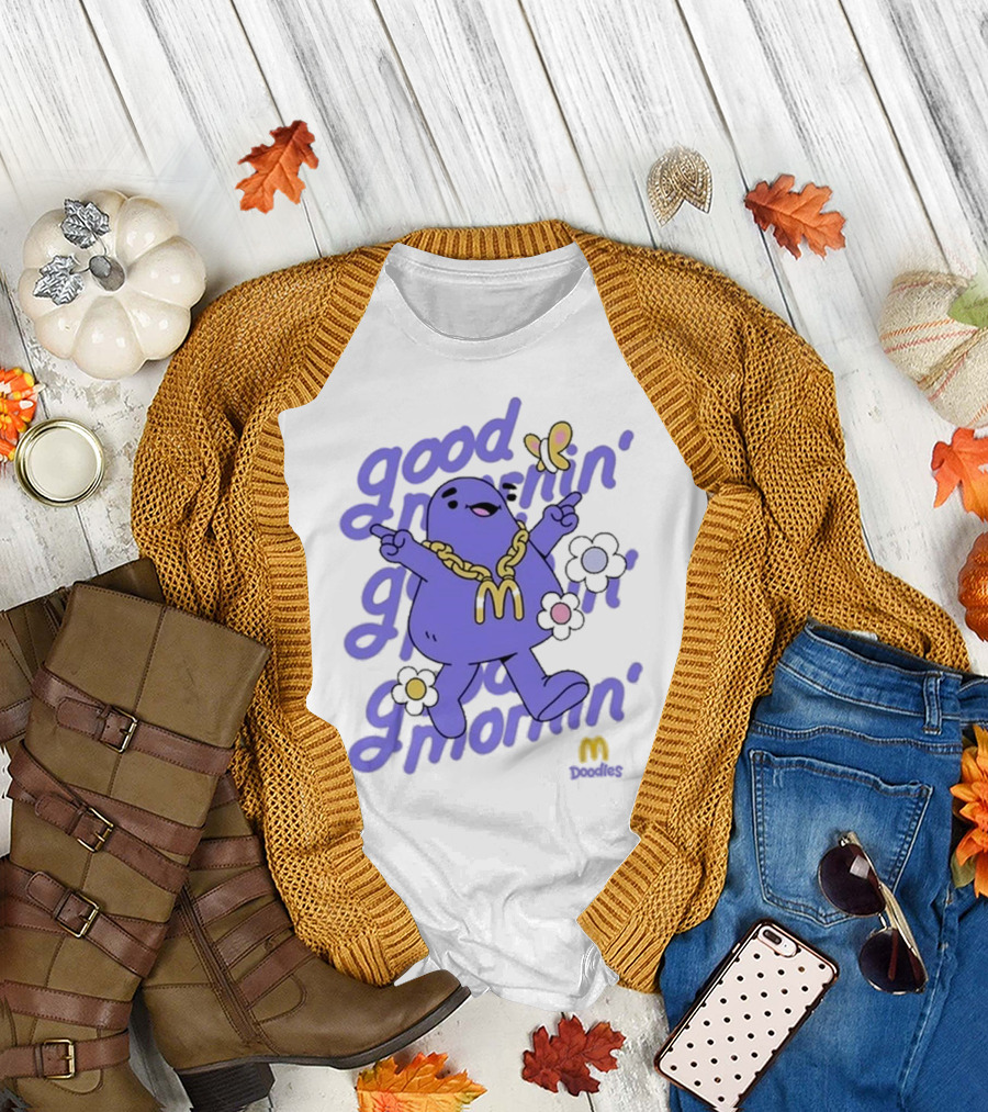 Good Mornin’ Grimace Doodles McDonald’s Butterfly Flowers T-Shirt