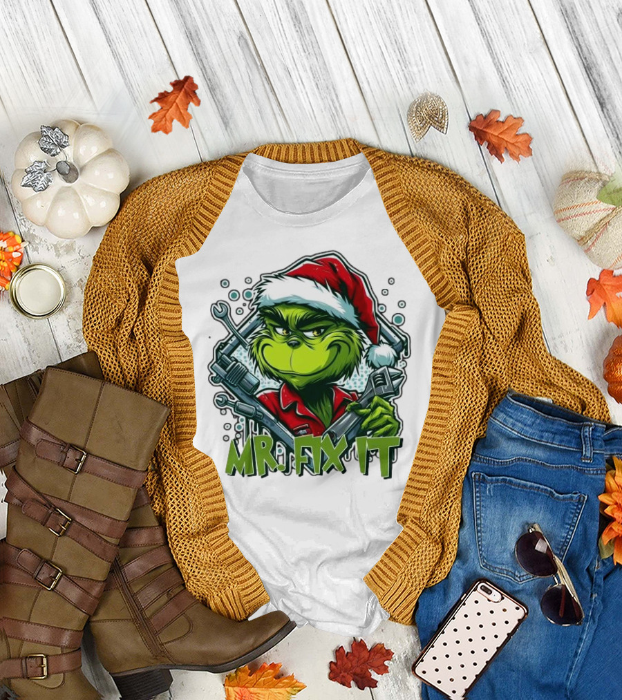 Mr. Fix It Grinch Merry Christmas Santa Hat Wrench Holiday T-Shirt