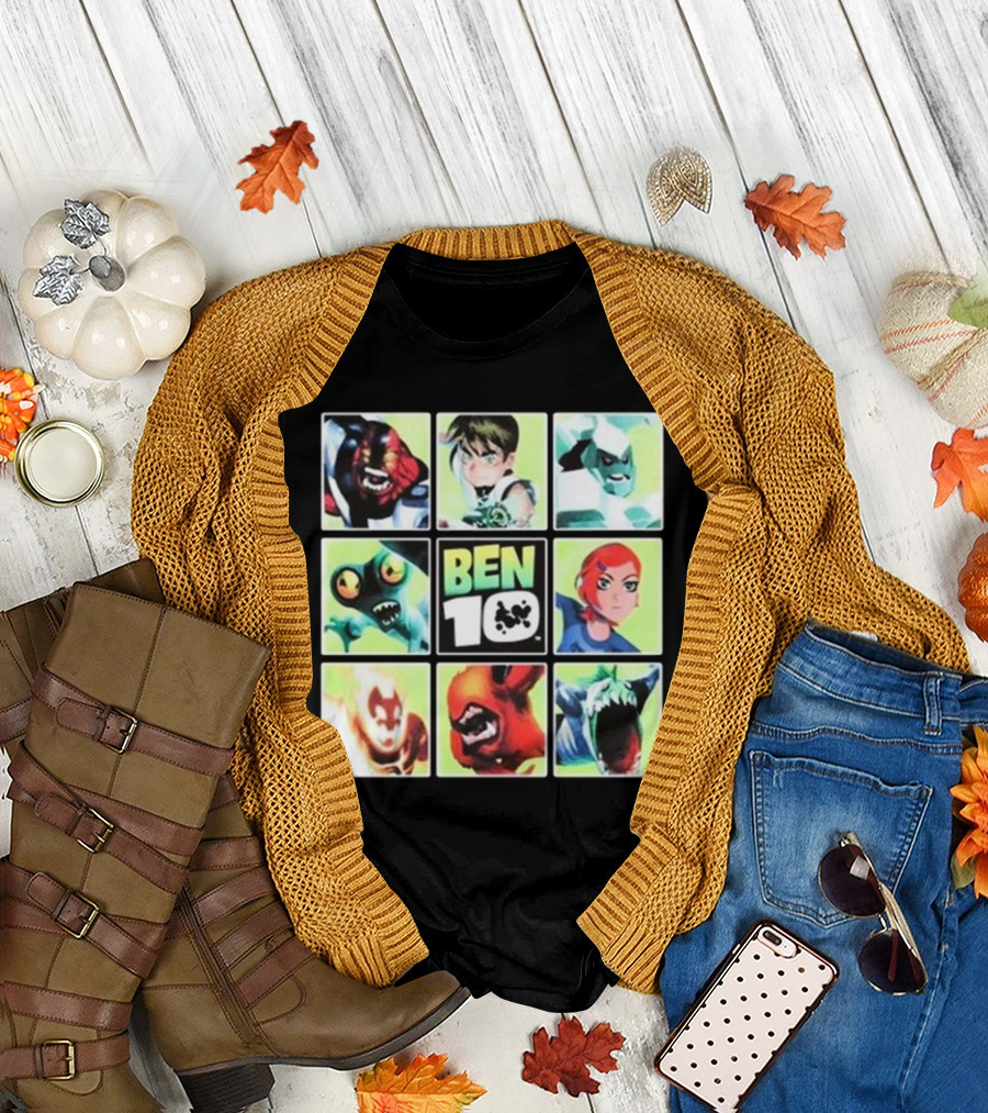 Ben 10 Alien Characters Panels Featuring Ben Gwen and Iconic Aliens T-Shirt