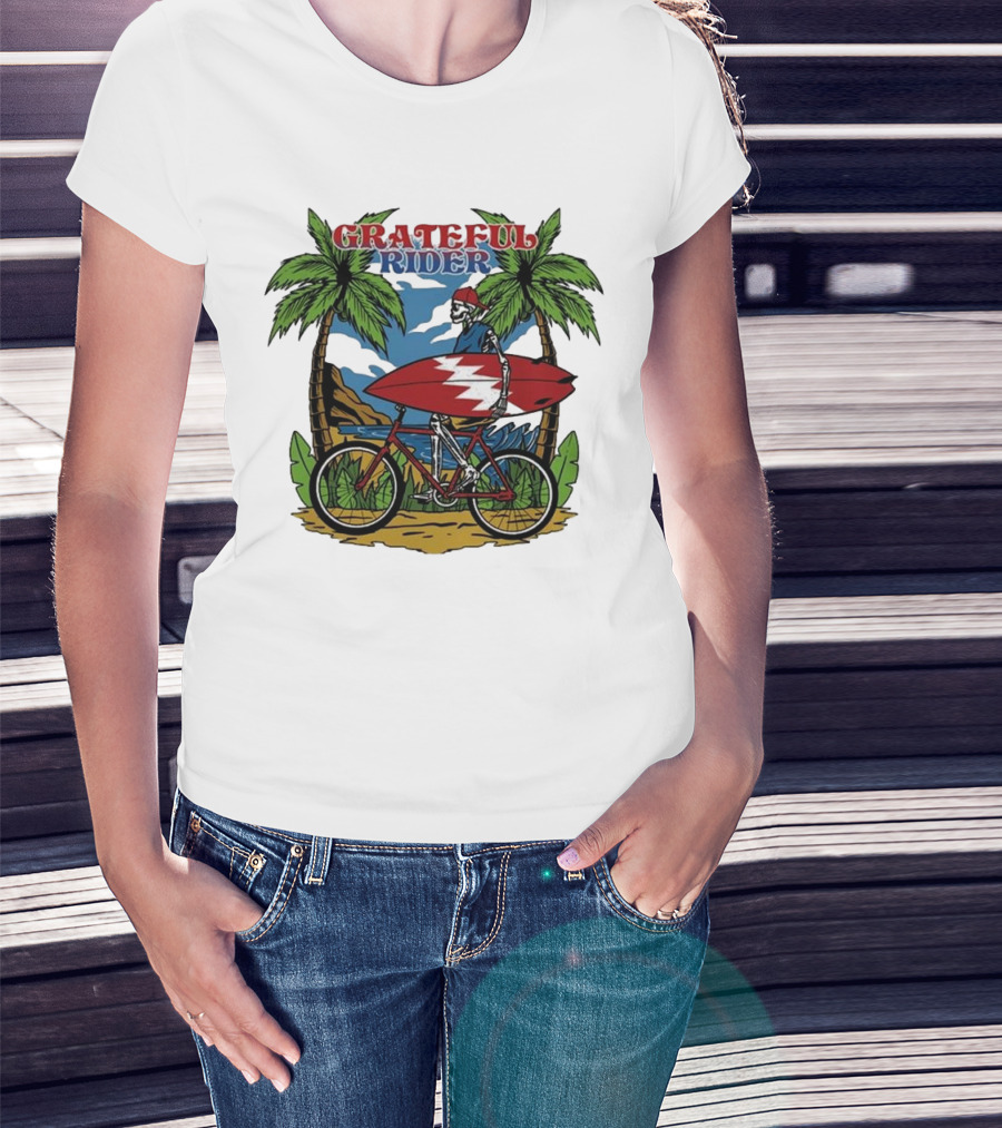 Grateful Rider Skeleton Beach Cruiser With Surfboard And Palm Trees T-Shirt