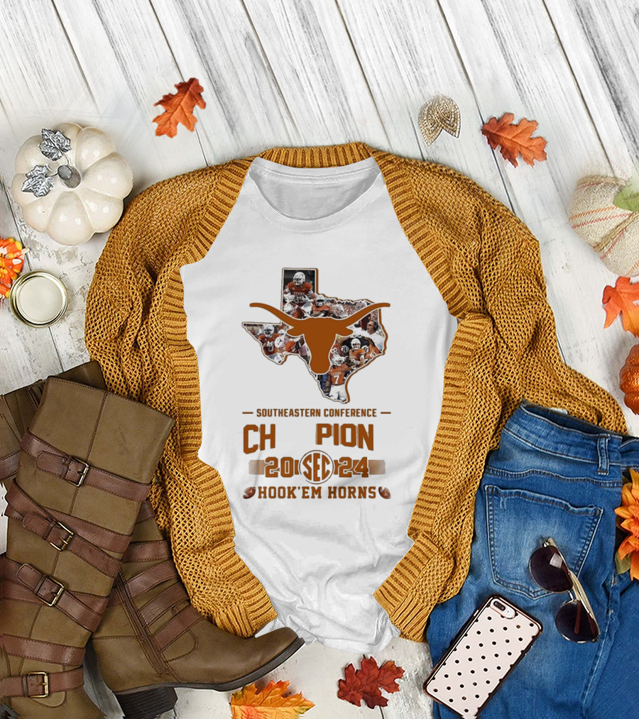 Texas Longhorns SEC Champion 2024 Hook ‘Em Horns State Map T-Shirt