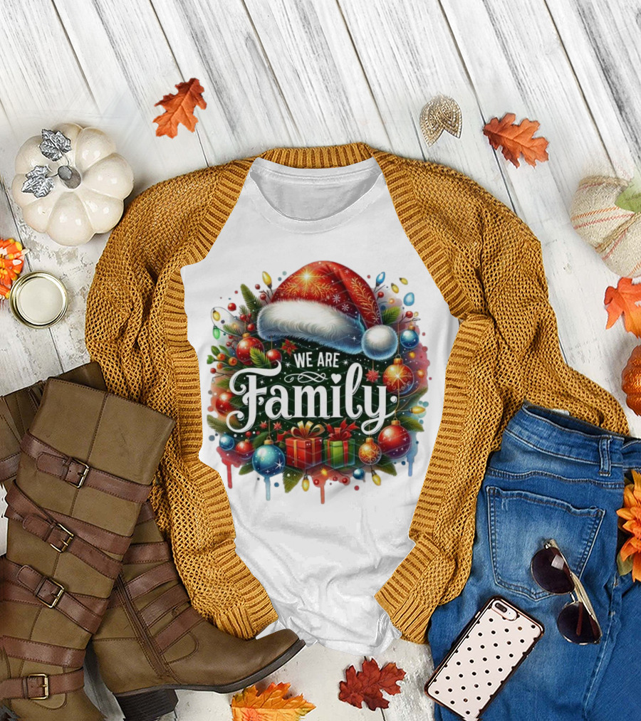We Are Family Christmas 2024 Santa Hat Ornaments Presents Festive Crew T-Shirt