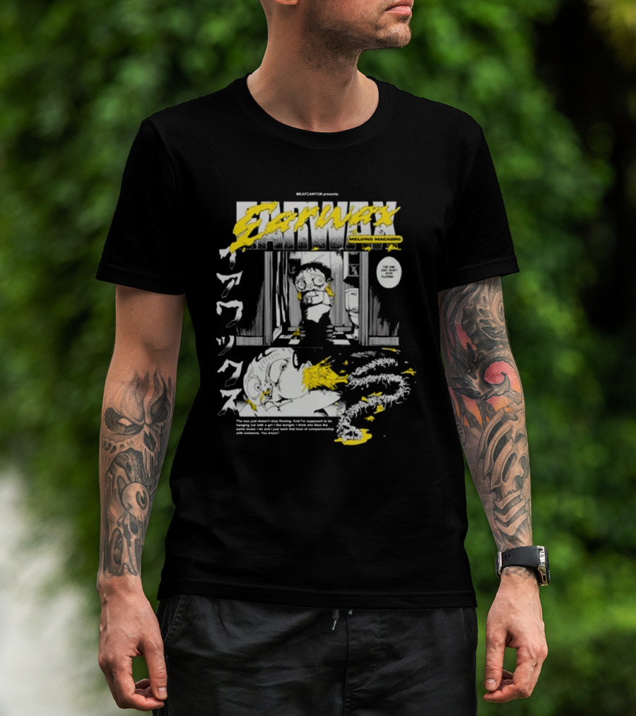 MEATCANYON Presents Earwax Melvin's Macabre Manga Comic Creepy Yellow Text Character Panels T-Shirt
