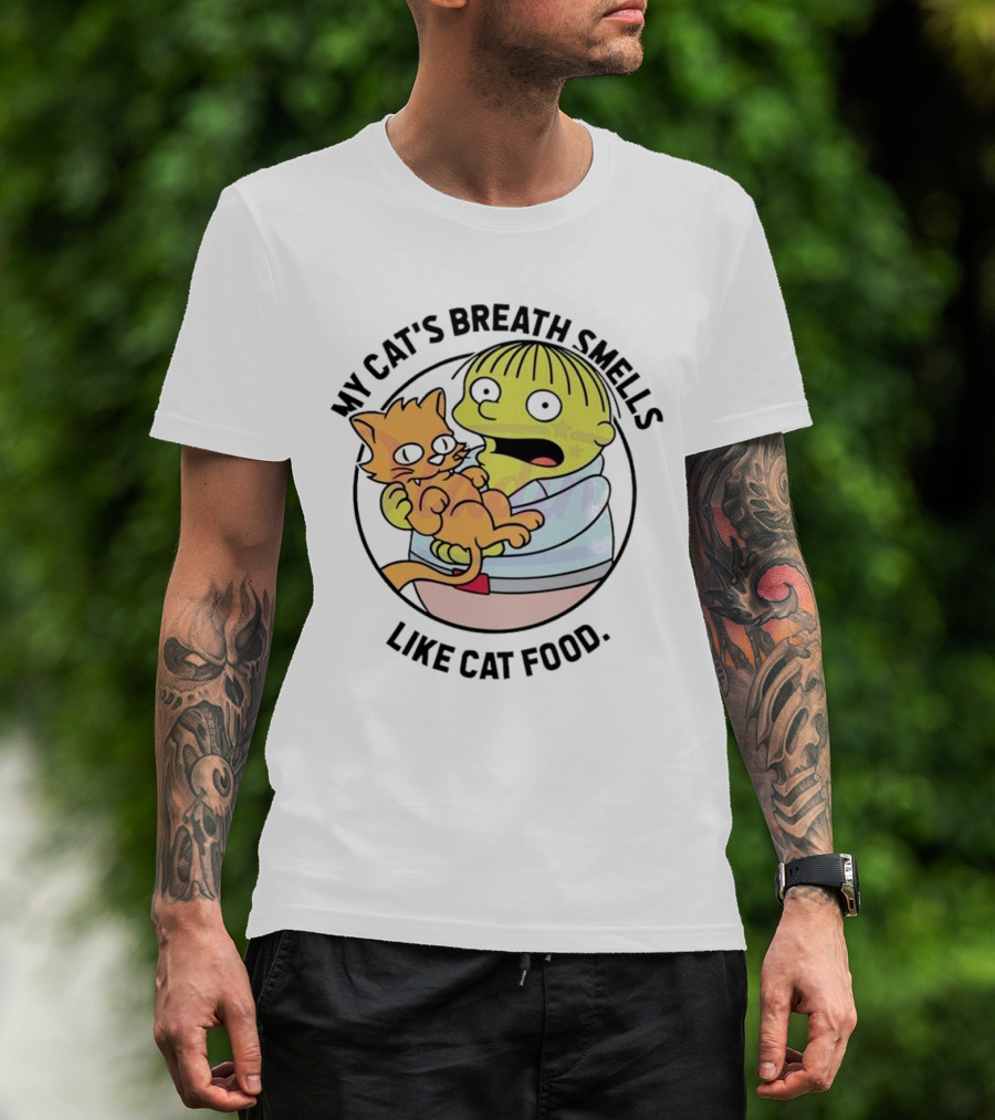 Ralph Wiggum My Cat's Breath Smells Like Cat Food Holding Cat T-Shirt