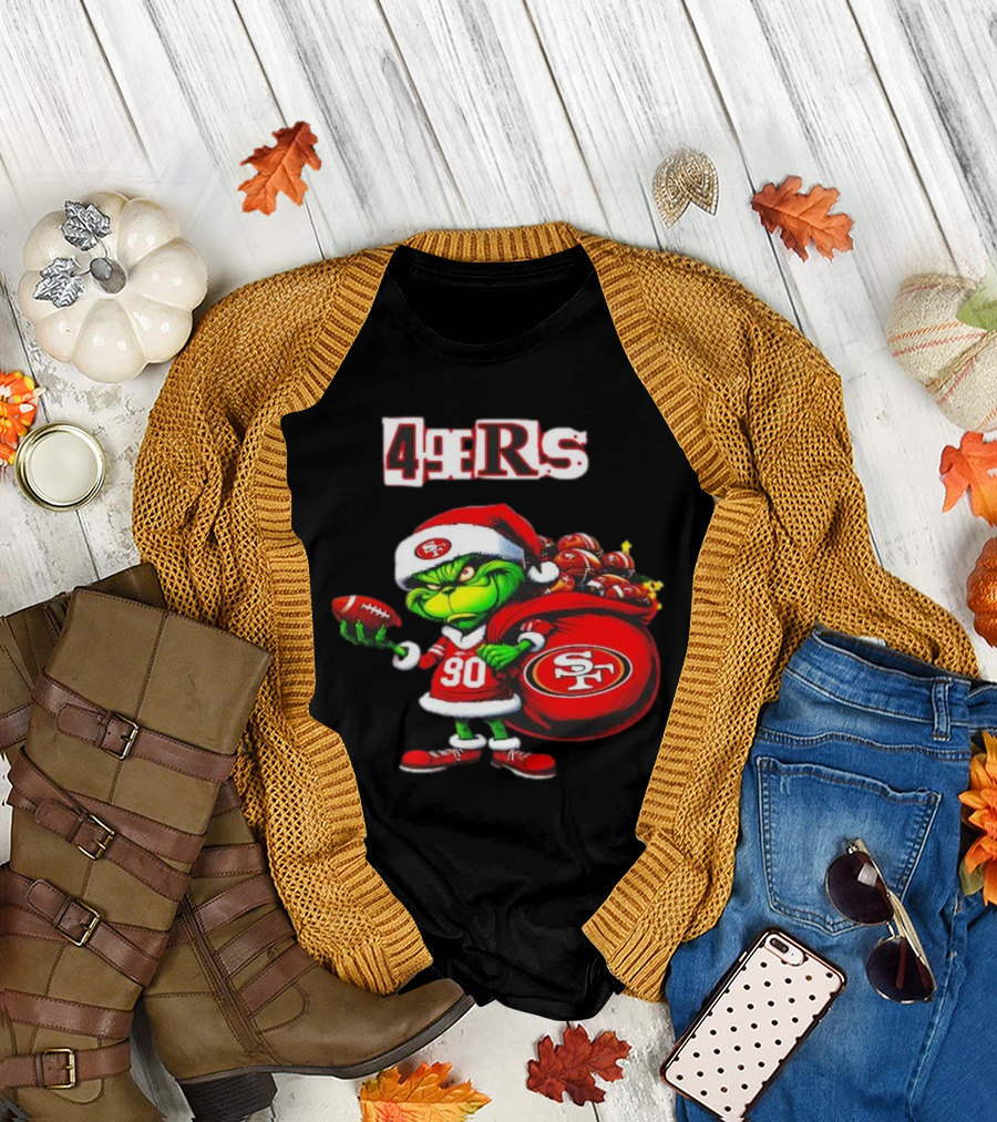 San Francisco 49ers Grinch with Santa Hat and Football Sack Christmas T-Shirt