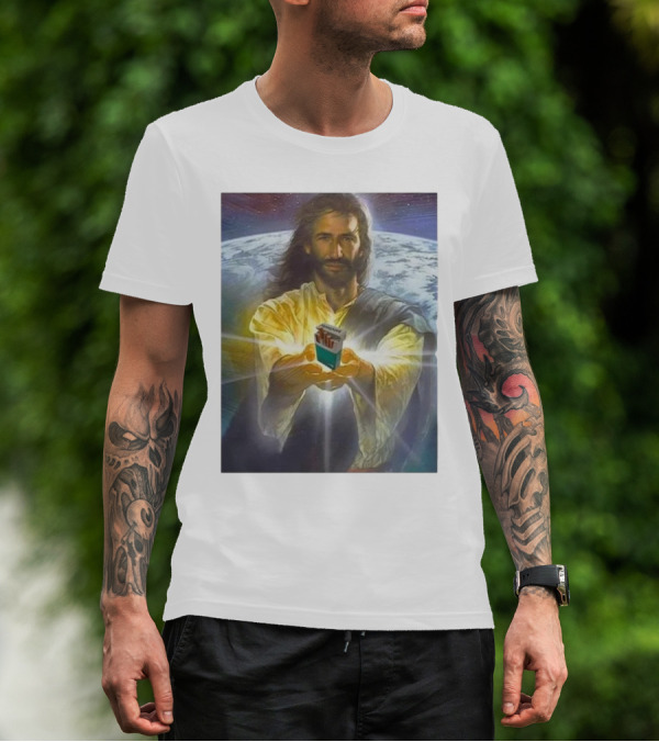 Jesus Offering Marlboro Cigarettes On Cosmic Background T-Shirt
