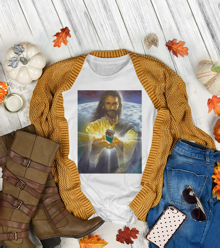 Jesus Offering Marlboro Cigarettes on Cosmic Background T-Shirt