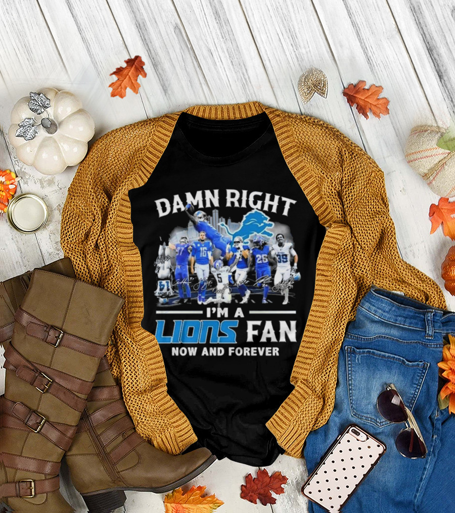 Damn Right I'm a Detroit Lions Fan Now and Forever Signatures Skyline T-Shirt
