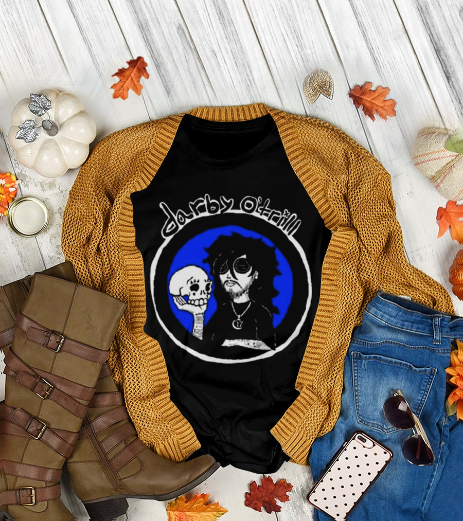 Darby O’trill Skull and Sunglasses Character with Blue Background T-Shirt