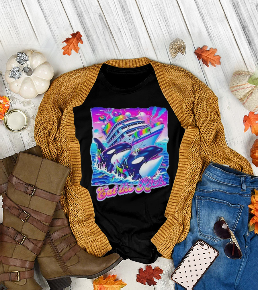 Eat the Rich Cruise Ship with Whales in Vibrant Colors T-Shirt
