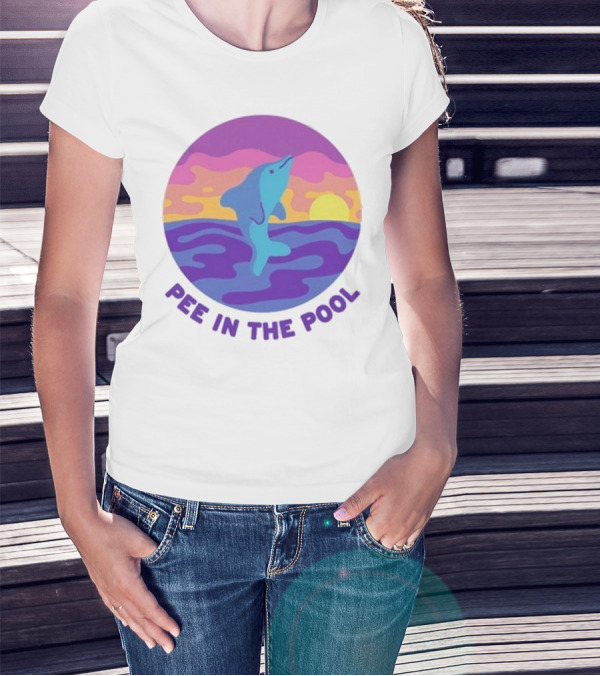 Pee In The Pool Dolphin Retro Sunset Ocean Scene T-Shirt
