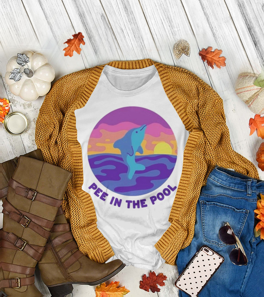 Pee In The Pool Dolphin Retro Sunset Ocean Scene T-Shirt