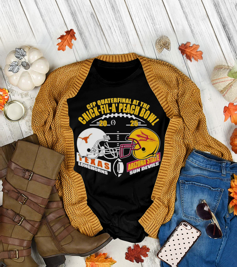 Texas Longhorns vs Arizona State Sun Devils CFP Quarterfinal Chick-fil-A Peach Bowl 2025 Helmet Matchup T-Shirt