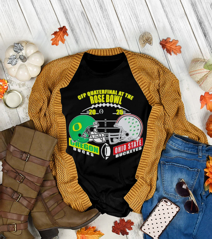 CFP Quarterfinal at the Rose Bowl 2025 Oregon Ducks vs Ohio State Buckeyes Helmet Matchup T-Shirt