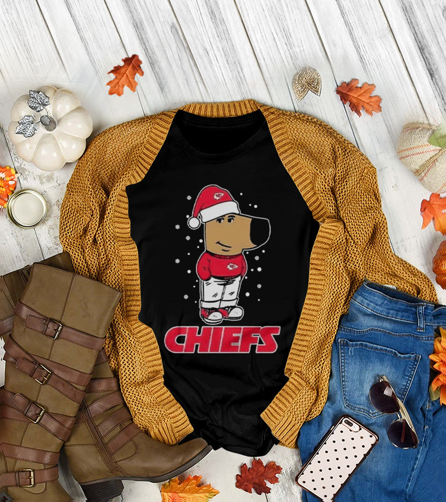 Chill Guy in Santa Hat with Chiefs Christmas Spirit T-Shirt
