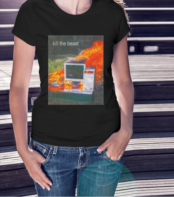 Kill The Beast Flaming Computer Dogecore Duel Monitors T-Shirt