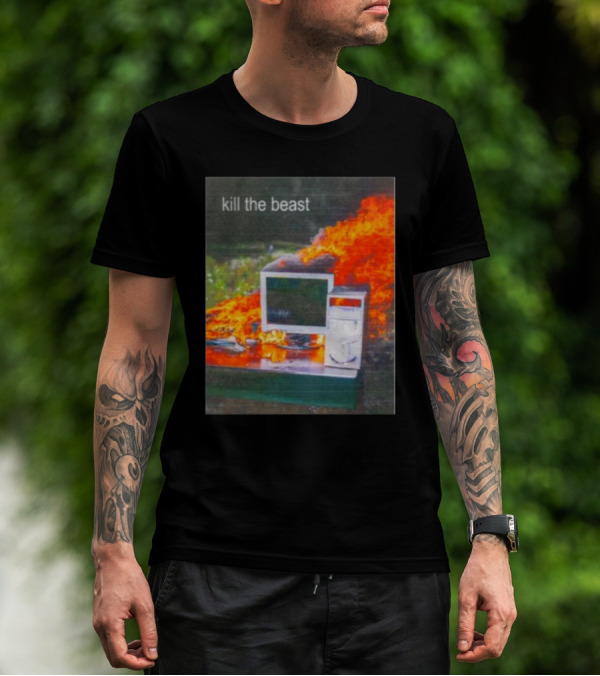 Kill The Beast Flaming Computer Dogecore Duel Monitors T-Shirt