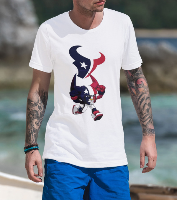 FL Rush Zone Houston Texans Cartoon Character 2025 Running Bull With Team Logo Star Helmet T-Shirt