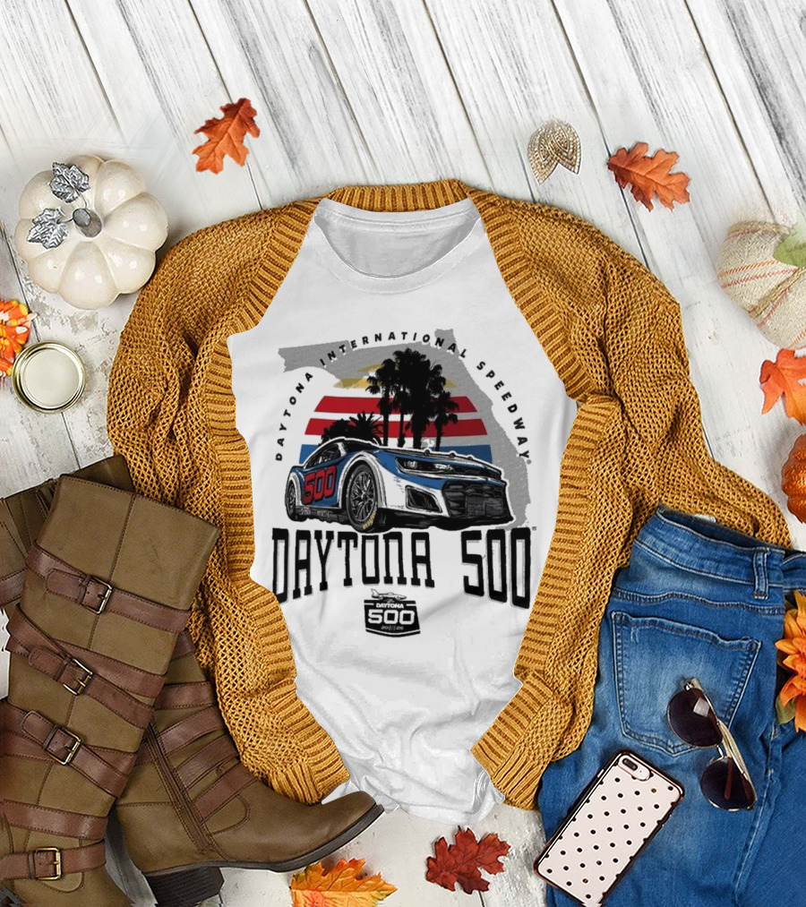 Daytona 500 Daytona International Speedway 2025 Racing Car Graphic with Palm Trees and Stripes T-Shirt