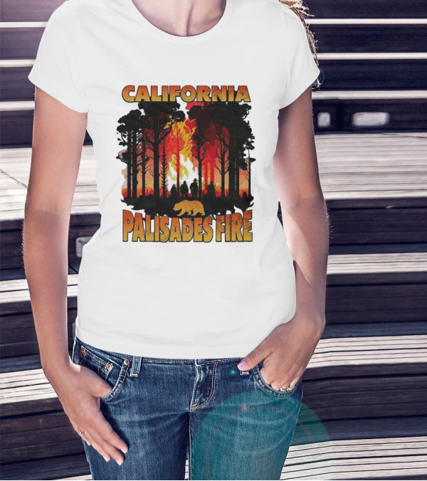 California Palisades Fire 2025 Forest Silhouette And Flames With Bear T-Shirt