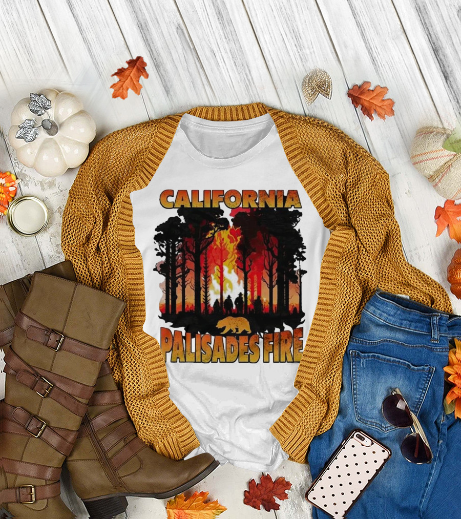 California Palisades Fire 2025 Forest Silhouette and Flames with Bear T-Shirt