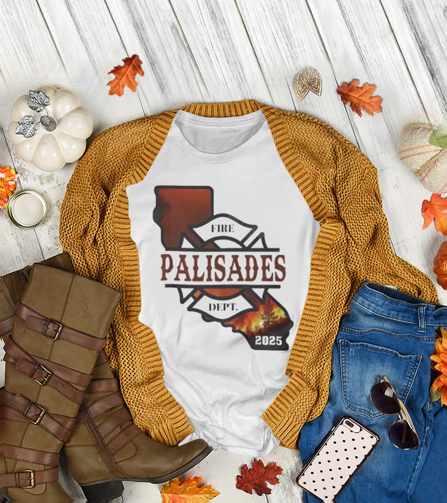 California Republic Palisades Fire Dept 2025 Badge with State and Flames T-Shirt
