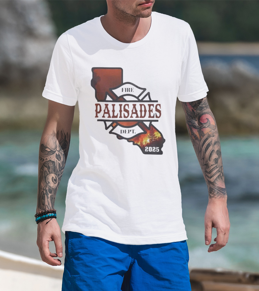 California Republic Palisades Fire Dept 2025 Badge With State And Flames T-Shirt