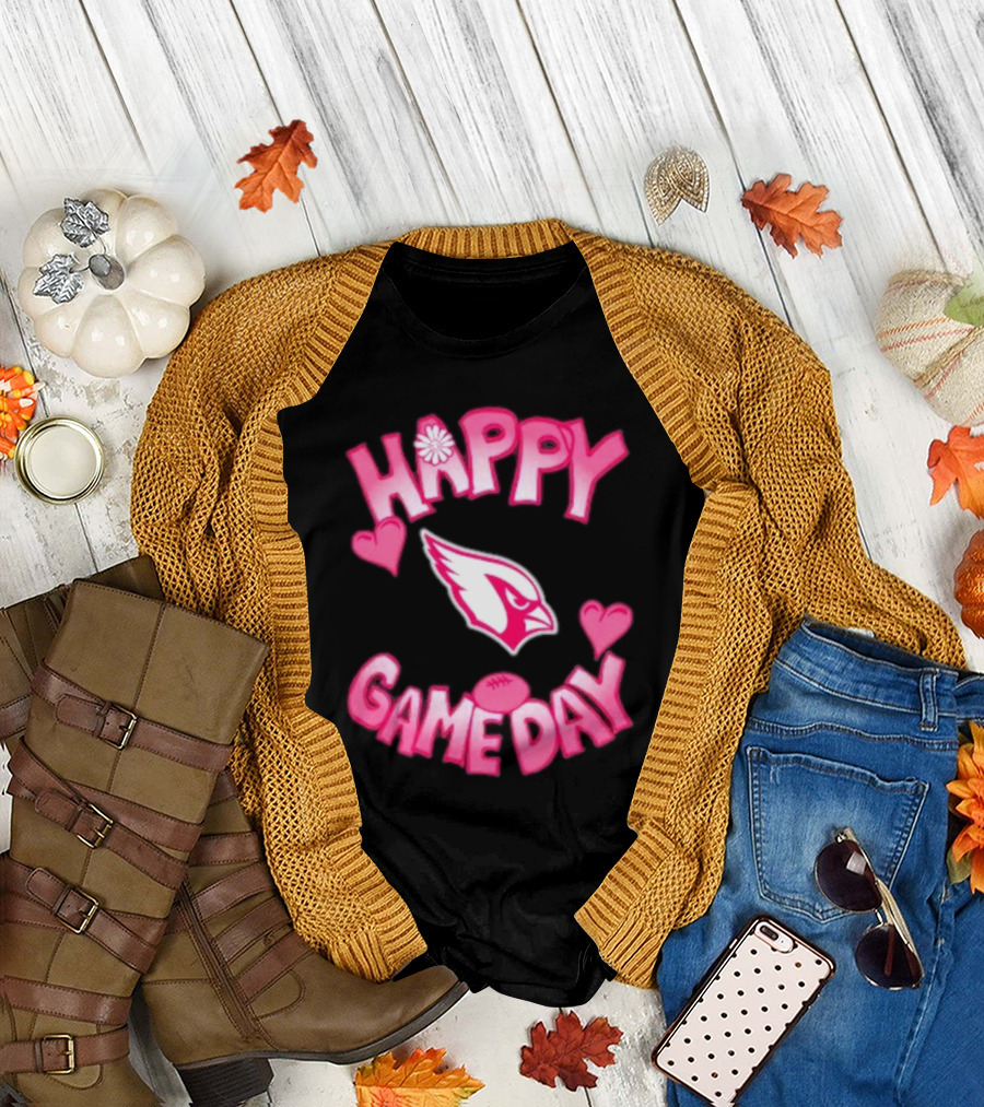 Valentine’s Day Arizona Cardinals Happy Gameday 2025 with Hearts and Football T-Shirt