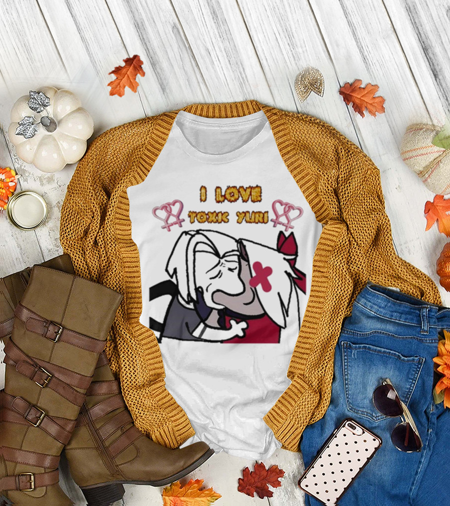 I Love Toxic Yuri Shitpost Fanart with Cartoon Characters Hugging T-Shirt