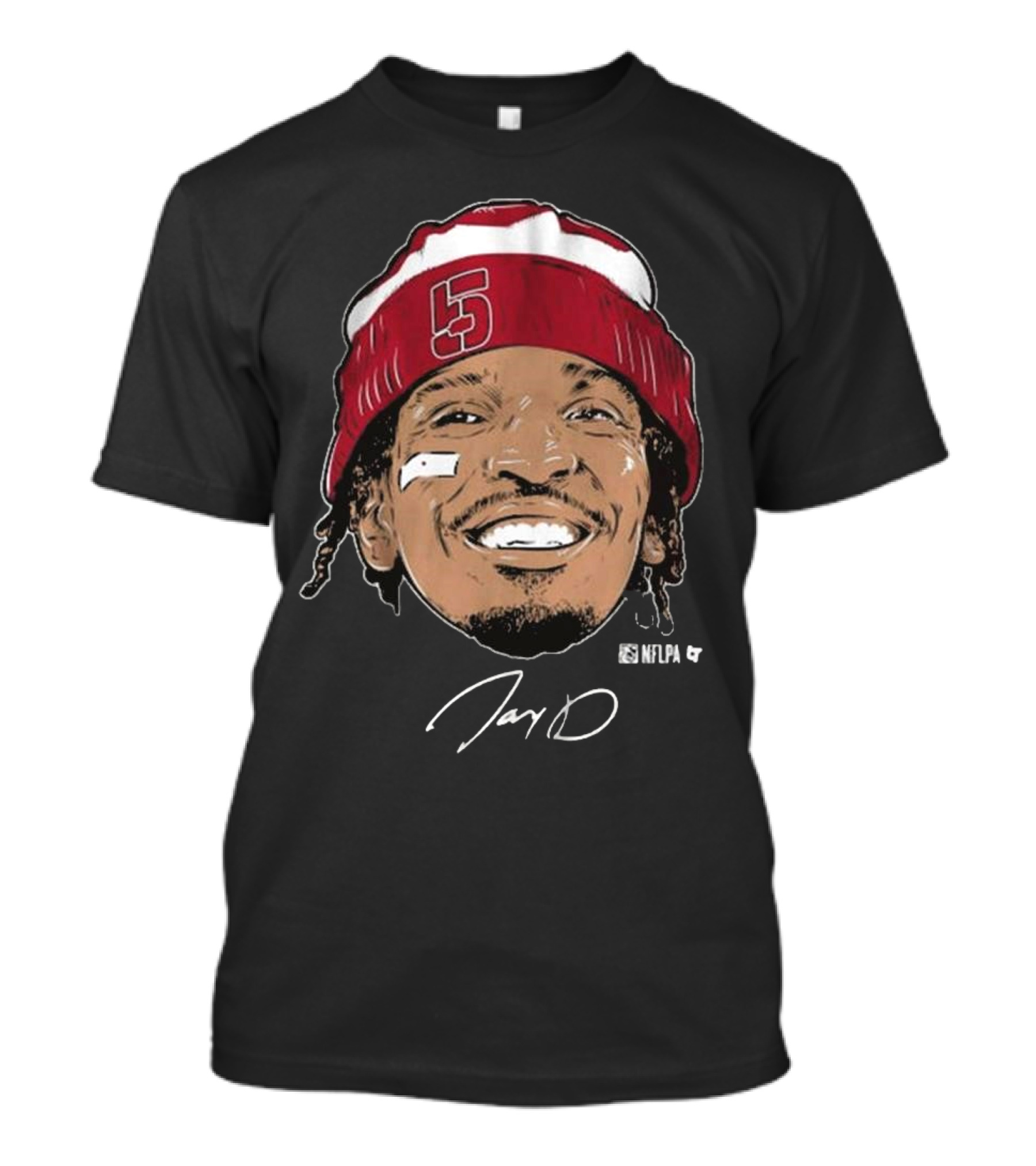 Jayden Daniels Face Bandage Signature NFLPA Number 5 Beanie T-Shirt