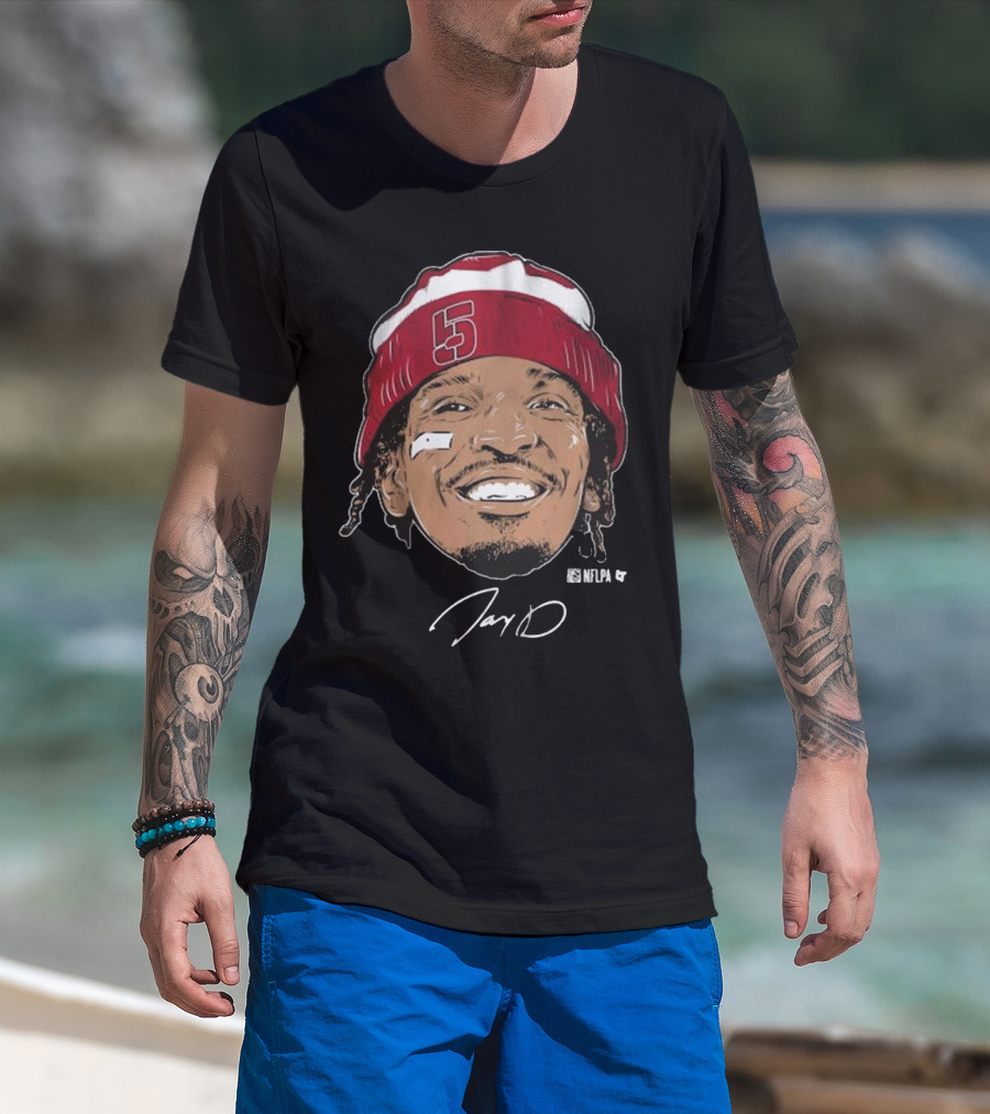 Jayden Daniels Face Bandage Signature NFLPA Number 5 Beanie T-Shirt