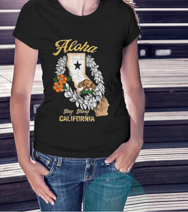 Aloha Stay Strong California Bear Star Map And Flower Garland T-Shirt
