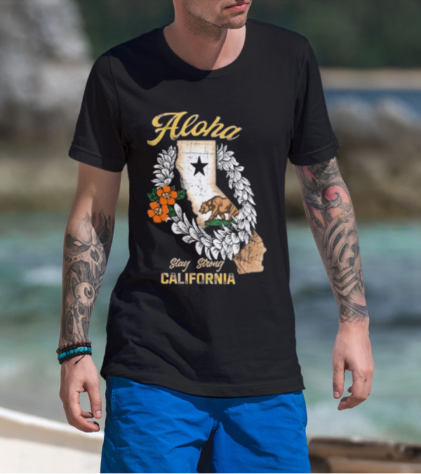 Aloha Stay Strong California Bear Star Map And Flower Garland T-Shirt