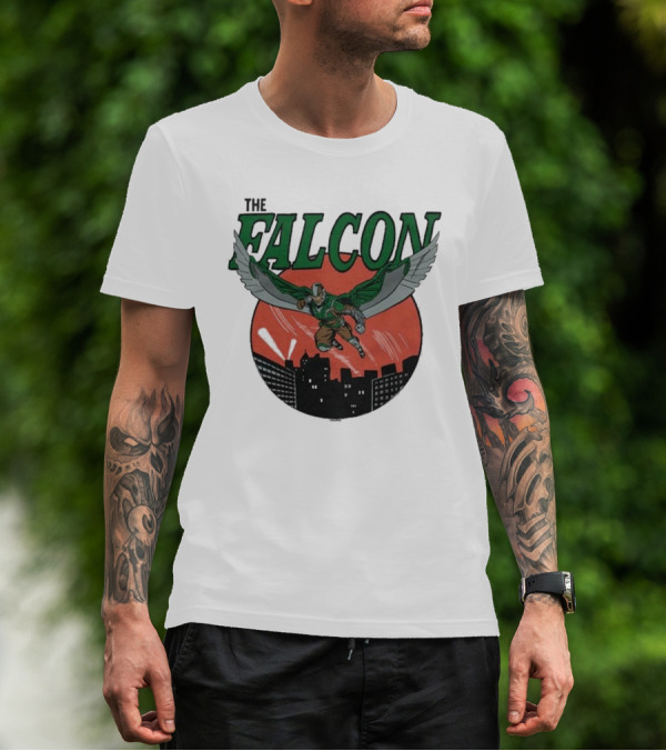 The Falcon Soaring Over City Skyline In Action-Packed Comic T-Shirt