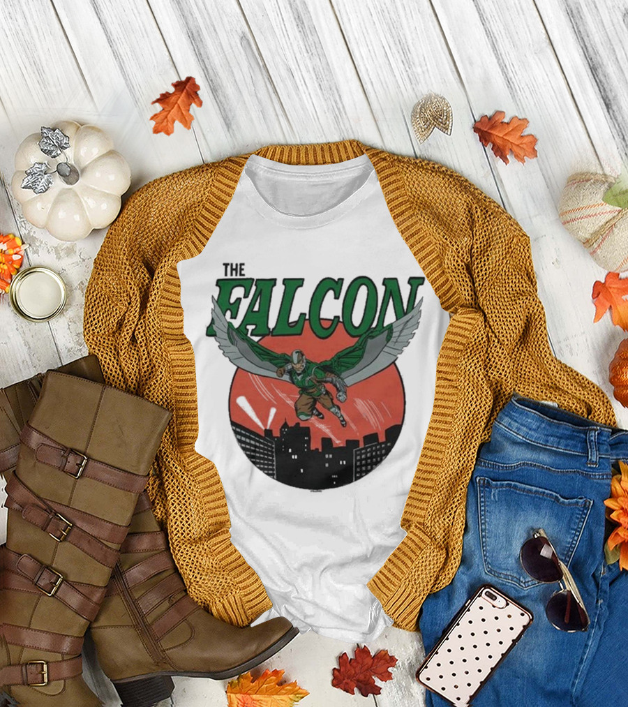 The Falcon Soaring Over City Skyline in Action-Packed Comic T-Shirt