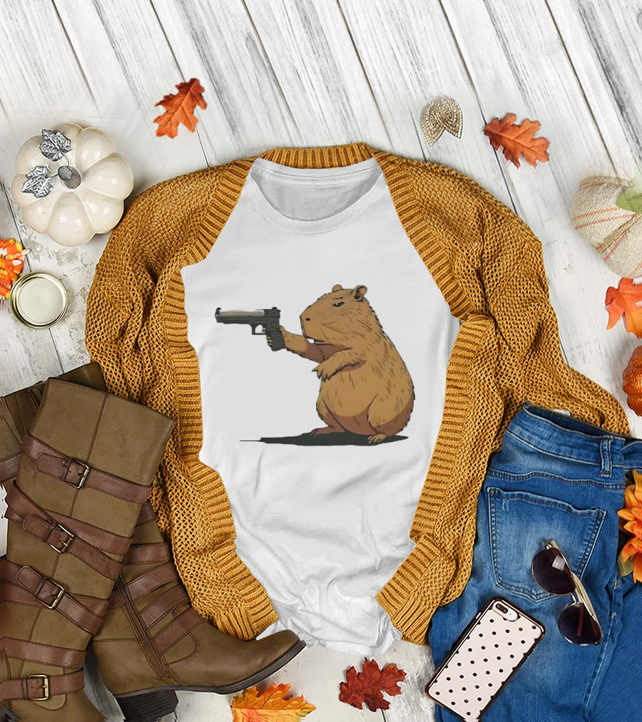 Capybara Holding a Gun in a Humorous Pose T-Shirt