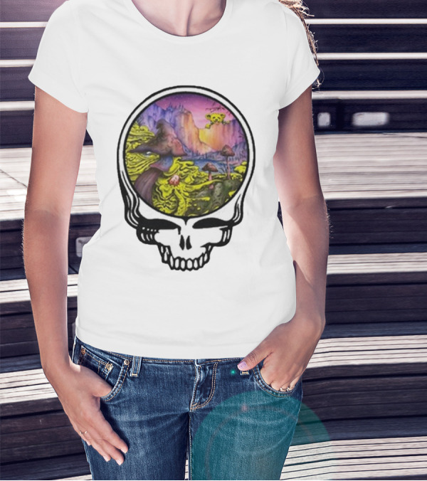 Grateful Dead Skull With Psychedelic Landscape And Mushrooms T-Shirt