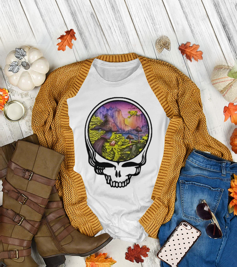 Grateful Dead Skull with Psychedelic Landscape and Mushrooms T-Shirt