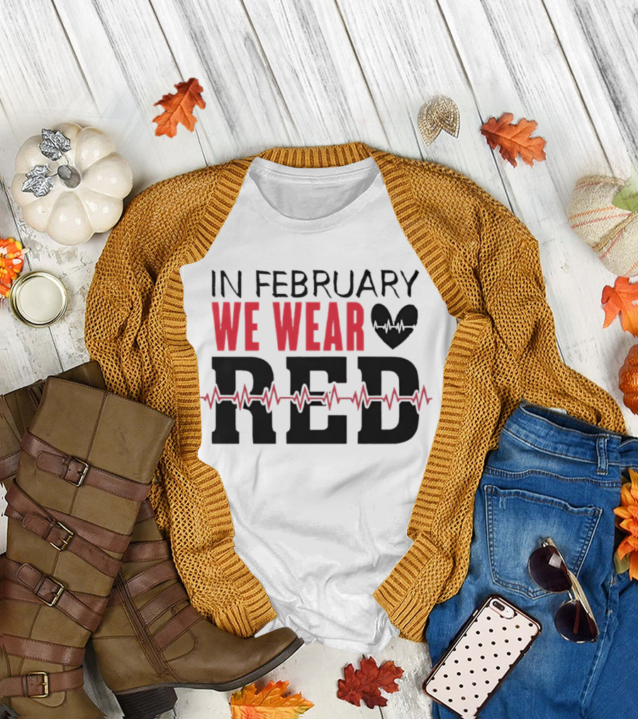 In February We Wear Red Heartbeat Motif T-Shirt