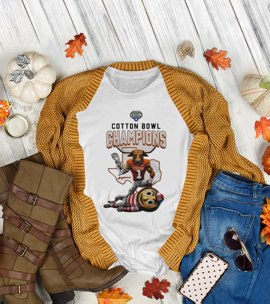 Goodyear Cotton Bowl Champions Texas Longhorns Mascot Trophy Victory T-Shirt