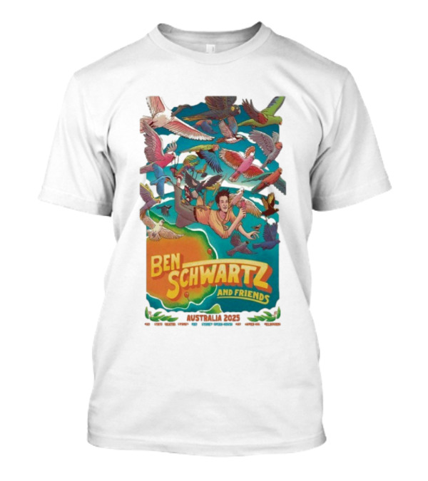 Ben Schwartz And Friends Australia 2025 Tour Birds Flying Surrounding Cartoon Character T-Shirt