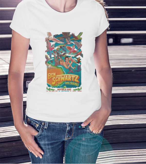 Ben Schwartz And Friends Australia 2025 Tour Birds Flying Surrounding Cartoon Character T-Shirt