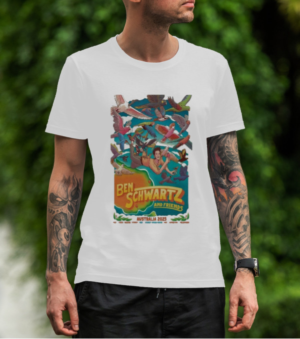 Ben Schwartz And Friends Australia 2025 Tour Birds Flying Surrounding Cartoon Character T-Shirt