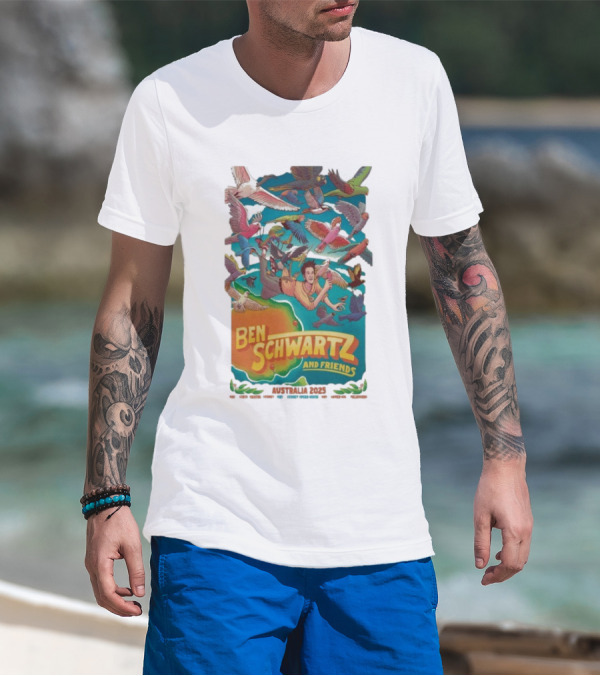Ben Schwartz And Friends Australia 2025 Tour Birds Flying Surrounding Cartoon Character T-Shirt