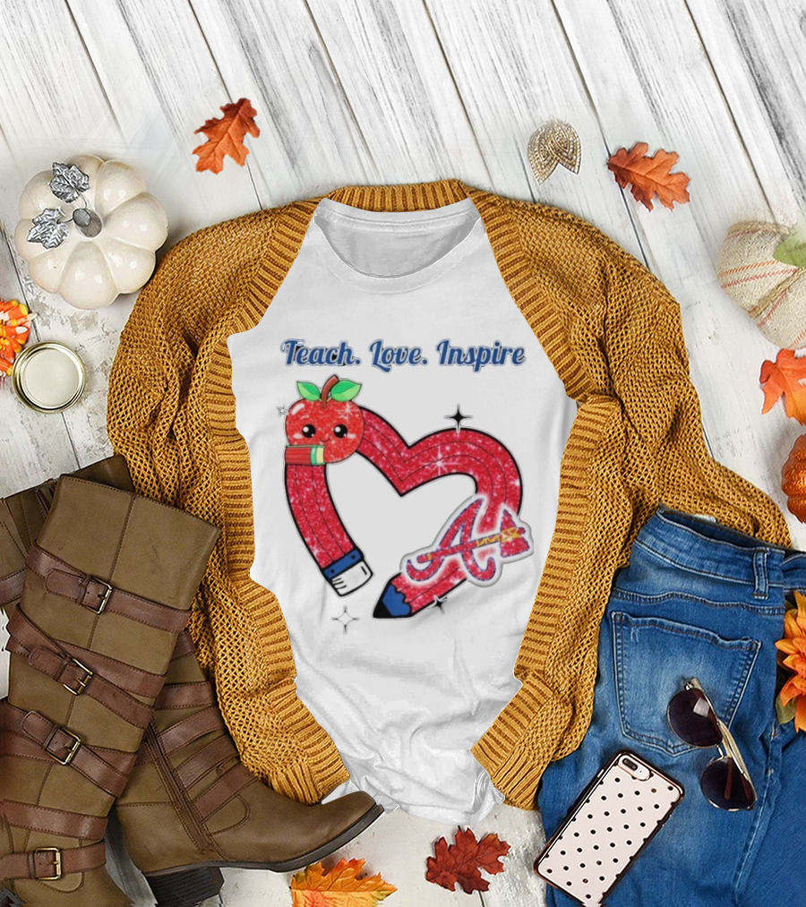 Atlanta Braves Teach Love Inspire Apple Heart Sparkle T-Shirt