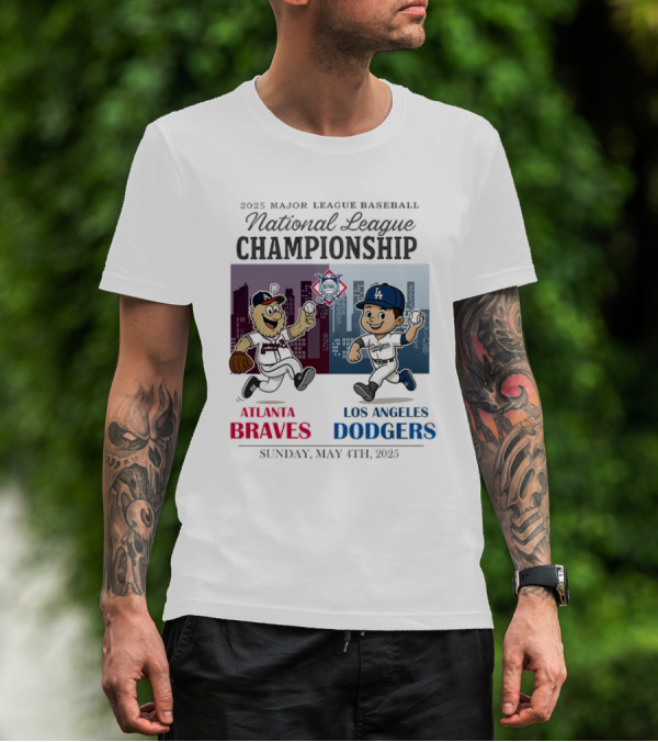 Atlanta Braves Los Angeles Dodgers National League 2025 Major League Baseball Skyline Cartoon Characters T-Shirt