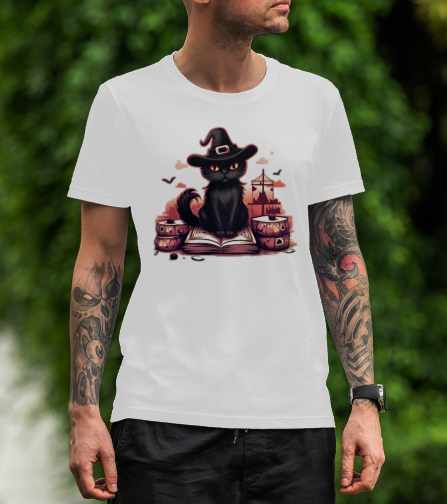 Cat Magic Halloween Witch Hat Pumpkins And Spellbook T-Shirt